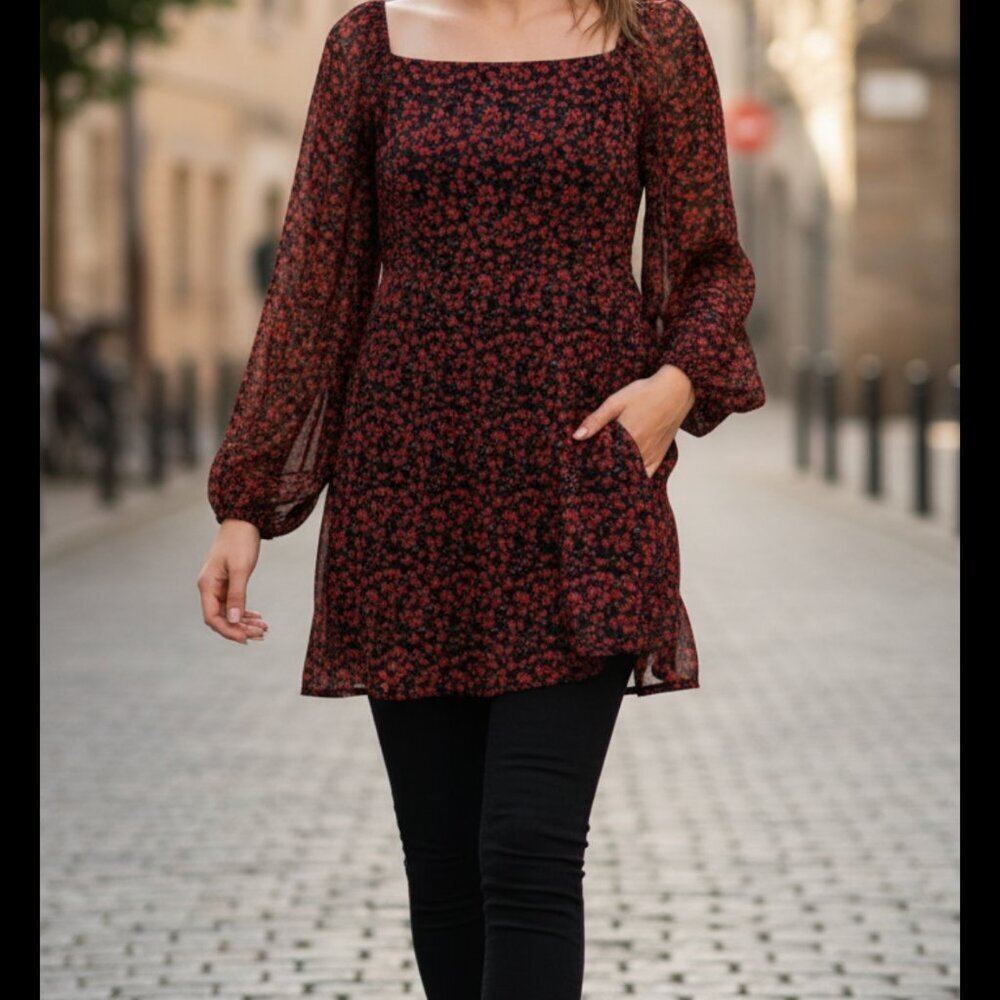 Lena Red Sheer Floral Long‎ Sleeve Shirt Dress